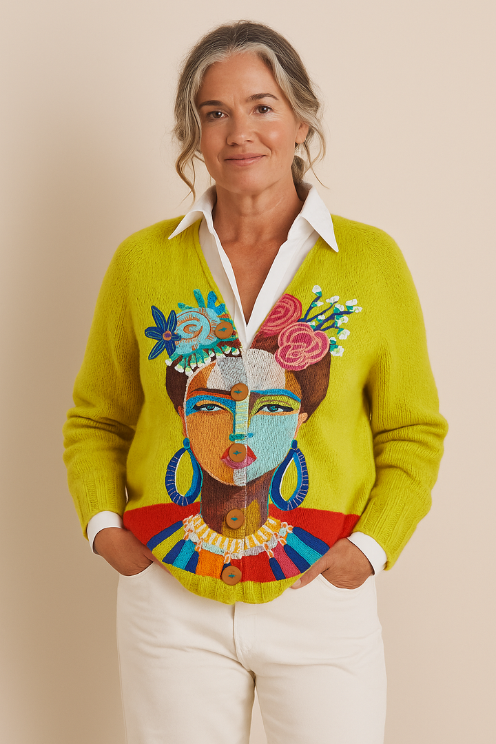 Ona | Oil Painting Freda Portrait Art Printed Buttoned Cardigan