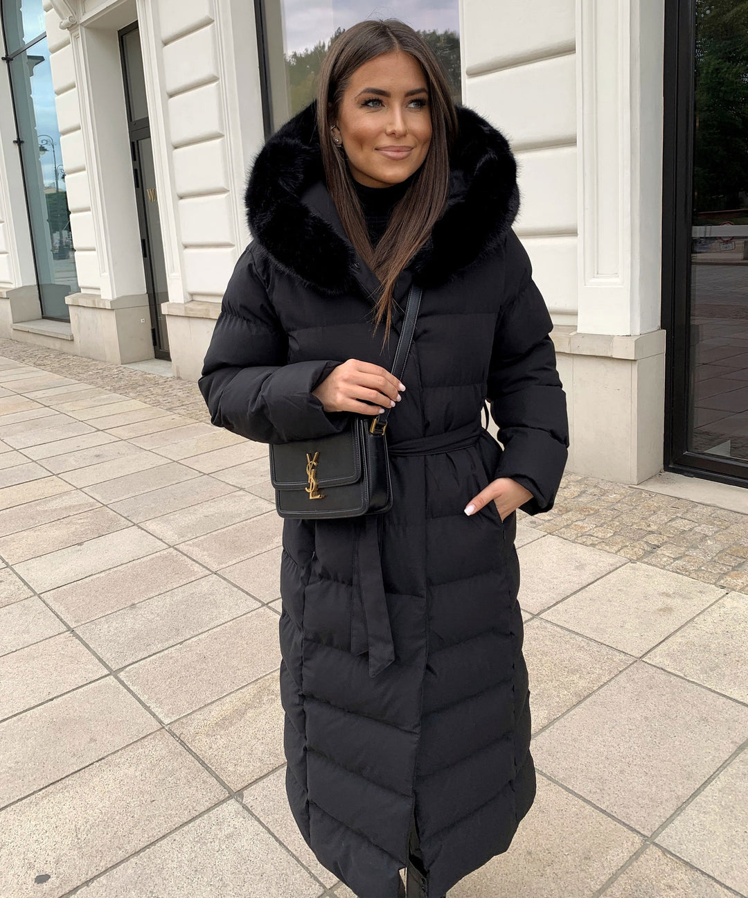 Women’s Black Quilted Winter Coat – Longline Hooded Jacket