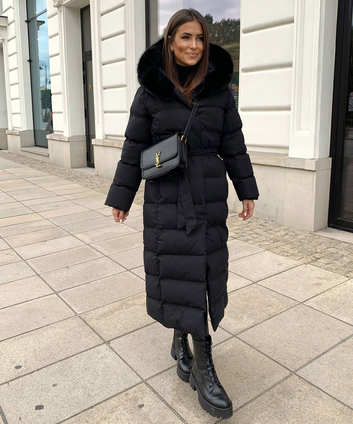 Women’s Black Quilted Winter Coat – Longline Hooded Jacket