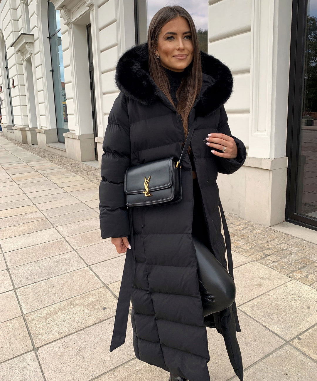 Women’s Black Quilted Winter Coat – Longline Hooded Jacket