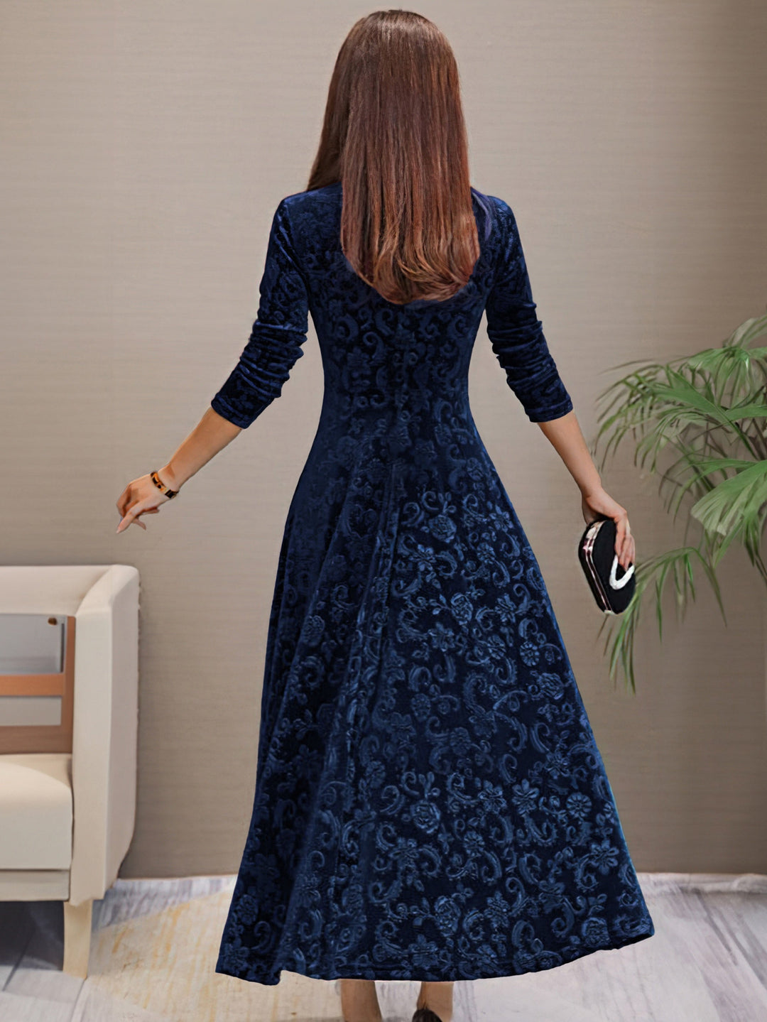 Denise™ | Elegant Long Sleeve Velvet Midi Dress