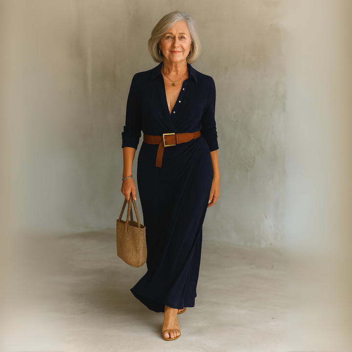 Timeless Belted Maxi Dress — Lapel Collar & Long Sleeves